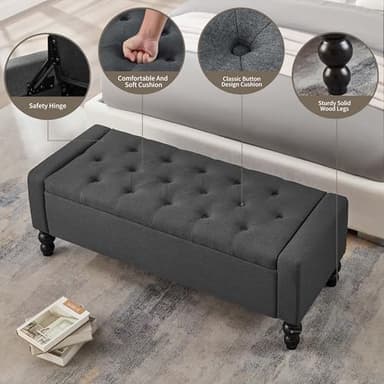 DRM‘SCUUM 50" W Storage Ottoman Bench with Safety Hinge, Load up to 660 lb Ottoman with Storage, Upholstered Tufted Entryway Bench with Seating for Living Room, Bedroom, Entryway, Dark Gray - Image 4