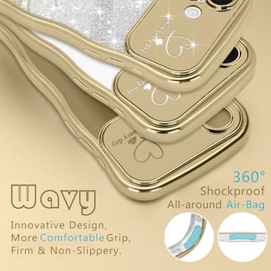 Teageo for iPhone 16 Plus Case for Women Girls Cute Curly Wavy Love Heart Glitter Bling Camera Protection Sparkly Luxury Elegant Shockproof Cover Clear Wave Phone Case for iPhone 16 Plus 6.7", Gold - Image 4