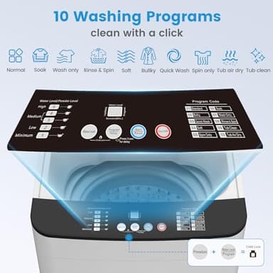 VCJ Portable Washing Machine, 25lbs Fully Automatic Washer with Stainless Steel Tub, 10 Wash Programs, 400W Powerful Motor with Drain Pump, Quiet Operation, Ideal for Apartments & Homes - Image 4
