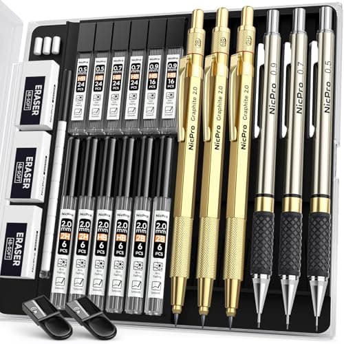 Nicpro Gold Art Mechanical Pencil Set, Metal Drafting Pencil 0.5, 0.7, 0.9mm & 2mm Lead Holder(2B HB 2H) For Sketching Drawing With Lead Refills Case - Image 1