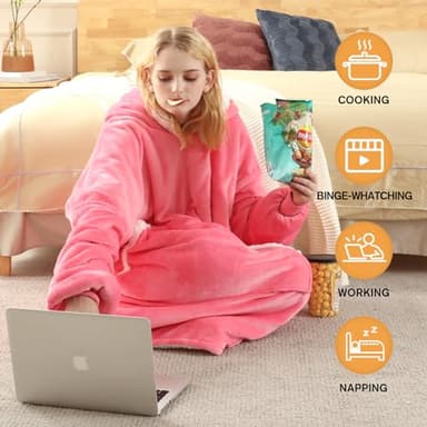 yescool Wearable Blanket Hoodie - Gifts for Women Her Girlfriend, Birthday Christmas Gifts For Mom, Oversized Flannel Sherpa Blanket Sweatshirt, One Size Fits All (Pink) - Image 7