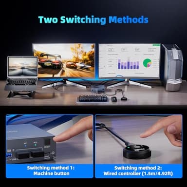 USB C KVM Switch 4K@60Hz,Dual Monitor USB C HDMI KVM Switch for 1 PC and 1 Laptop Sharing 2 Monitor and 4 USB3.0 Devices, PD Power for Laptop with Wired Remote Control and USB Cables Included - Image 6