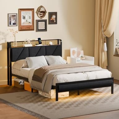 Furnulem Full Bed Frame with LED Lights,Headboard with Charging Station and USB Port,Upholstered Platform Bedframe Metal Support,No Box Spring Needed - Image 3