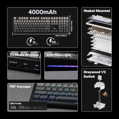 EPOMAKER Aula F108 Wireless Gaming Keyboard, Full Size Mechanical Keyboard with 4000mAh Battery, 108 Hot-Swappable and Programmable Keys, RGB Backlight, for Mac/PC/Android (Black Gradient) - Image 2