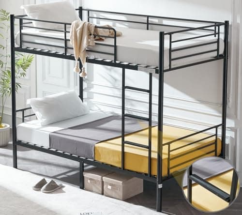 VINGLI Bunk Bed Twin Over Twin for Kids, Teens & Adults Bunk Bed with Stairs & Flat Rungs, Heavy Duty Metal Slats, No Box Spring Needed, Black - Image 1