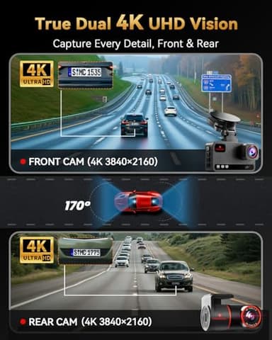TERUNSOUl 4K+4K Dash Cam Front and Rear, Free 128GB Card Included, 5.8GHz WiFi Dash Camera for Cars, Built-in GPS, G-Sensor, 170°Wide Angle, 3" IPS Screen, 24H Parking Mode, Support 512GB Max - Image 2
