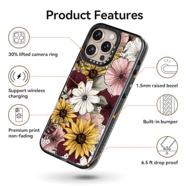 Rosarnnah Compatible for iPhone 16 Pro case Cute - Durable Shockproof 6.6 ft Drop Impact Phone Case - Black Funny Sunflower Design for iPhone 16 Pro 6.3" - Image 4