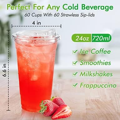 Lilymicky 60 PACK 24 oz Clear Plastic Cups With Strawless Sip Through Lids, Disposable, for Ice Coffee, Smoothie, Slurpee, or Any Cold Drinks - Image 4