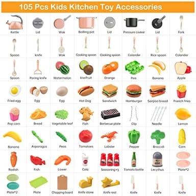 Zero Zoo 105Pcs Kids Kitchen Toy Accessories, Toddler Pretend BBQ Camping Cooking Playset, Play Pots, Pans, Utensils Cookware Toys, Play Food Set, Vegetables, Learning Gift for Girls Boys - Image 2