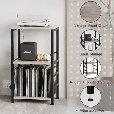 YAKANJ End Table with LED Light,Record Player Stand with Albums Storage,Vinyl Records Storage,Turntable Stand Side Table for Music Room Studio Living Room Bedroom-Greige - Image 6