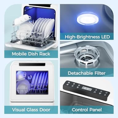 EUHOMY Countertop Dishwasher Portable, 8 Programs Mini Dishwasher with 5L Built-in Water Tank and Inlet hose, No Hookup Needed, Dishwasher with Self Clean/Baby Care/Air Dry, for Apartments, RVs, White - Image 9