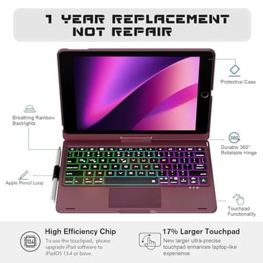 BABG Keyboard Case for iPad 9th Generation, 360° Rotatable Backlit Keyboard with Pencil Holder for 10.2 inch iPad 9th Gen 2021/ 8th Gen 2020/ 7th Gen 2019 and iPad Air 3 / Pro 10.5" - Raspberry - Image 3