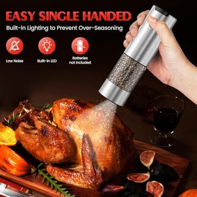 Stainless Steel Electric Salt and Pepper Grinder Set-One-Touch Battery Operated Mill with Adjustable Coarseness & LED Light, Sleek & Durable Grinder for Kitchen New Home Gift Ideas (2 Pack) - Image 3