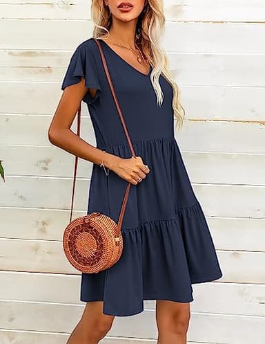 HOTOUCH Casual Navy Blue Dress for Womens Tiered Dresses for Summer Cute Pleated Dress with Side Pockets Ruffle Hem V Neck Loose Swing Dress Navy Blue Medium - Image 3
