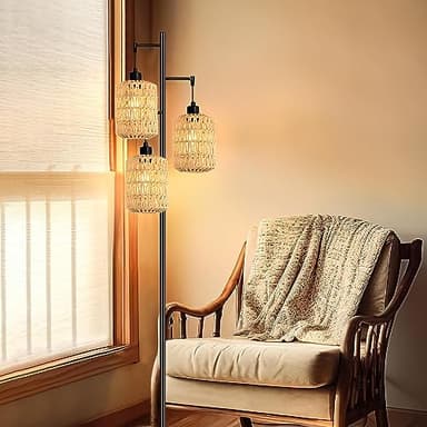 QIYIZM Floor Lamp for Living Room,Bedroom,3-Lights Boho Rattan Tree Floor Lights,Industrial Black Farmhouse Standing Lamp Wicker Rustic Tall Lamp,Woven Bamboo LampShade Floor Lamps Bohemian - Image 9