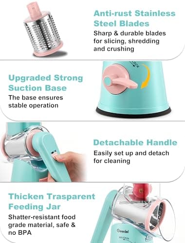 Geedel Rotary Cheese Grater Cheese Shredder - Upgraded 5-in-1 Cheese Grater with Handle and Strong Suction Base, Multi-purpose Vegetable Slicer Ice Shaver Nuts Grinder for Ice, Vegetables, Fruit, Nuts - Image 6