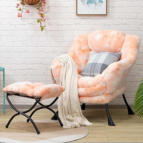 HollyHOME Lazy Chair with Foldable Ottoman, Accent Comfy Lounge Armchair and Folding Footrest Stool, Leisure Sofa Reading Chair and Footstool for Living Room, Bedroom, Dorm,Faux Fur Peach - Image 1