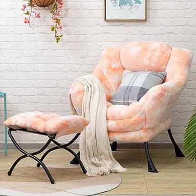 HollyHOME Lazy Chair with Foldable Ottoman, Accent Comfy Lounge Armchair and Folding Footrest Stool, Leisure Sofa Reading Chair and Footstool for Living Room, Bedroom, Dorm,Faux Fur Peach - Image 1