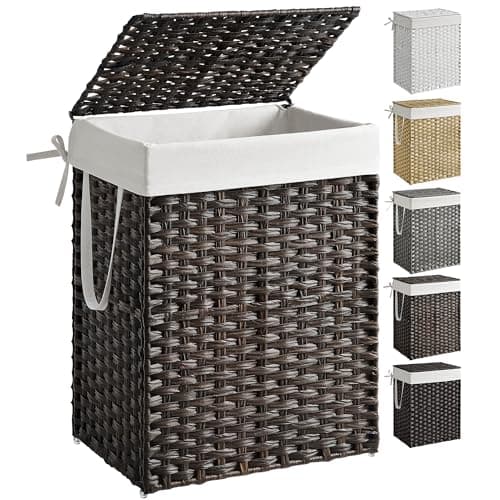 SONGMICS Laundry Hamper with Lid, 23.8 Gallon (90 L) Synthetic Rattan Clothes Laundry Basket with Lid and Handles, Foldable, Removable Liner, Chestnut Brown ULCB051K02 - Image 1