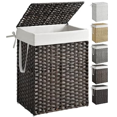 SONGMICS Laundry Hamper with Lid, 23.8 Gallon (90 L) Synthetic Rattan Clothes Laundry Basket with Lid and Handles, Foldable, Removable Liner, Chestnut Brown ULCB051K02 - Image 1