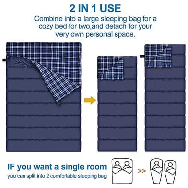 AGEMORE Cotton Flannel Double Sleeping Bag for Camping, Backpacking Or Hiking. Queen Size 2 Person Waterproof Sleeping Bag for Adults Or Teens. Lightweight with Compression Sack - Image 4