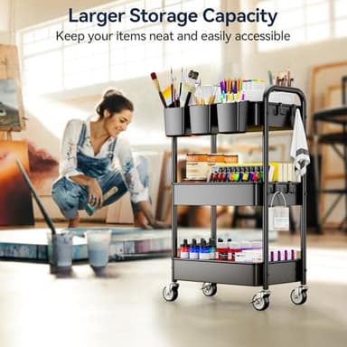 YASONIC 3 Tier Rolling Cart - Metal Utility Cart with Wheels, Hanging Cups, Hooks, Heavy Duty Mesh Rolling Storage Cart Organizer, Craft Cart for Kitchen Office, Lightweight and Sturdy - Image 6