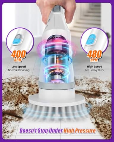 NBONEBS Electric Spin Scrubber, Cordless Shower Scrubber Rotary Floor Brushes & Pad Drivers with 6 Brush Heads - 2H Dual Speed, IPX7 Waterproof Extension Handle for Bathroom Tile Car Cleaning (White) - Image 2