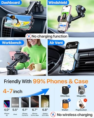 [True Military-Grade] Car Phone Holder【2024 Stronger Suction & Clip】 Universal Cell Phone Holder for Car Mount for Dashboard Windshield Air Vent Long Arm Cell Phone Car Mount Thick Case (Drak Black) - Image 4
