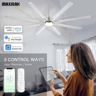 Maxslak 84" industrial Ceiling Fans with Light,Large Ceiling Fan with Modern 8 Aluminum Blades,Works with Alexa,Noiseless DC Motor,Brushed Nickel Outdoor Ceiling Fan for Garage or Pool area - Image 3