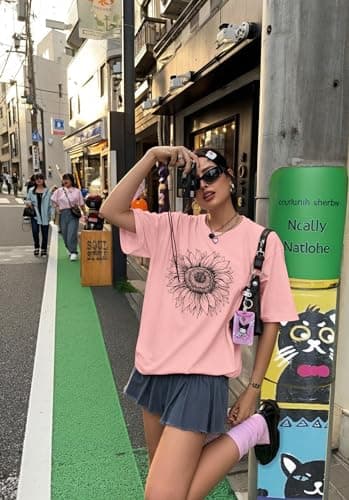 Womens Oversized Tshirt Graphic Tees Crew Neck Summer Short Sleeve Loose Fit Tops（Pink Sunflower, 3XL） - Image 7