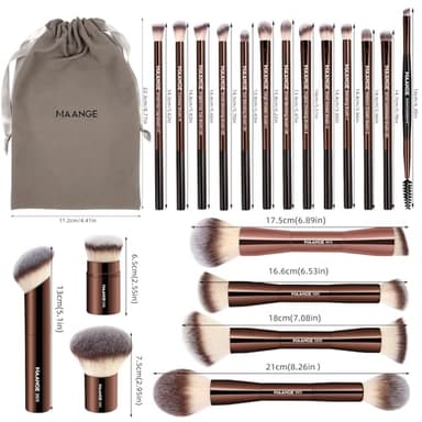 MAANGE 20 PCS Foundation Makeup Brush Set, Double-ended Kabuki Contour Brush for Liquid Powder Concealer Blending Blush Face Makeup Tools (Coffee) - Image 8
