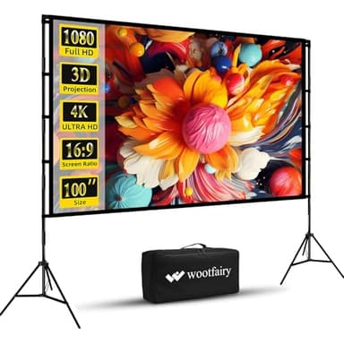 Projector Screen with Stand, Wootfairy 100 inch Foldable and Portable Projection Screen 16:9 4K HD Rear Front Wrinkle-Free Movie Screen with Carry Bag for Indoor Outdoor Home Theater Backyard Cinema - Image 1