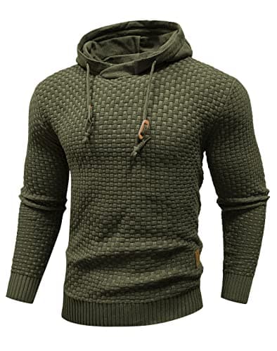 Zaitun Mens Hooded Sweatshirt Long Sleeve Solid Knitted Hoodie Pullover Sweater Army Green - Image 1