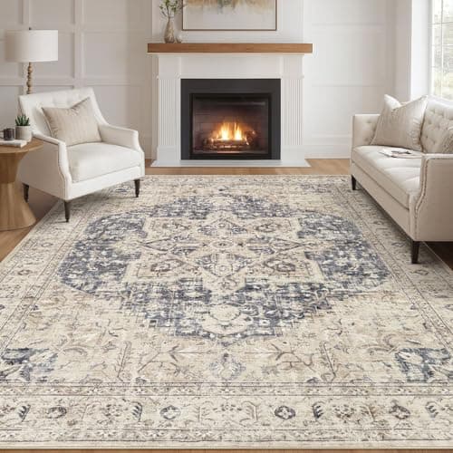 Tortania Area Rug Living Room Rugs - 7x9 Washable Boho Rug Vintage Oriental Distressed Farmhouse Large Thin Indoor Carpet for Living Room Bedroom Under Dining Table Home Office - Cream Blue - Image 1