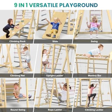 Upgraded Indoor Playground 9-in-1 Jungle Gym Kids Climbing Toys, Montessori Philosophy Waldorf Style Wooden Climber Playset with Slide, Swing, Monkey Bars, Upright/Rope Ladder, Climb Rocks/Net, Pink - Image 3