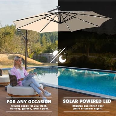 wikiwiki 10ft Solar LED Offset Hanging Market Cantilever Patio Umbrella for Backyard, Poolside, Lawn and Garden, Easy Tilt Adjustment, Polyester Shade & Cross Base, Beige - Image 8