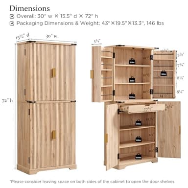 ACCOHOHO Fluted Pantry Cabinet, 72" Tall Modern Storage Cabinet with 4 Doors, Organizer, Drawer and Adjustable Shelves, Wood Cupboard for Kitchen, Dining Room, Living Room and Bathroom, Natural Oak - Image 2