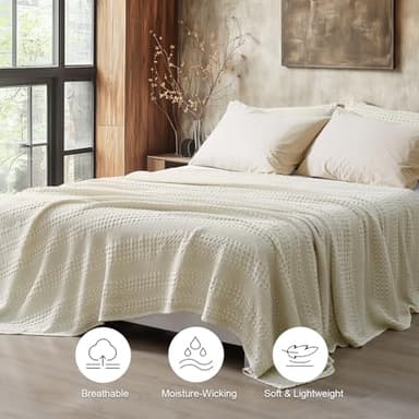 PHF Stone-Washed Cooling Waffle Twin Size Blanket - Lightweight Breathable Summer Blanket, 60% Rayon from Bamboo & 40% Cotton, Luxuriously Soft for Bed & Couch, 66"x90", Almond Milk - Image 6
