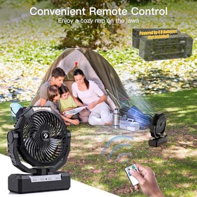Battery Operated Fan [200H Max], 2 in 1 D-Cell Battery & USB Powered Fans, Portable Camping Fan with 4 Speeds, Light, Timer, Remote for Outdoor Tent, Travel, Picnic, Office, Bedroom - Black - Image 4