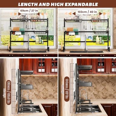 ilvvan Over The Sink Dish Drying Rack 27-40L x 12W x 32.5-37H (inches) (Expandable Height and Length) Snap-On Design 2 Tier Large Dish Rack - Image 4