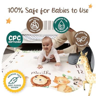 KooKooBaby Monthly Milestone Blanket, 47"x47" Premium Fleece Baby Blanket with Felt Marker, Safari Animals - Image 3