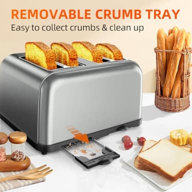 RAMJOY Grey Toaster 4 Slice, Dual Independent Controls, Extra Wide Slot Toasters for Bagel, Bread, Waffles, 7 Shade Settings, 4 Main Functions, Removable Crumb Tray, 1500 Watts, Grey Stainless Steel - Image 7