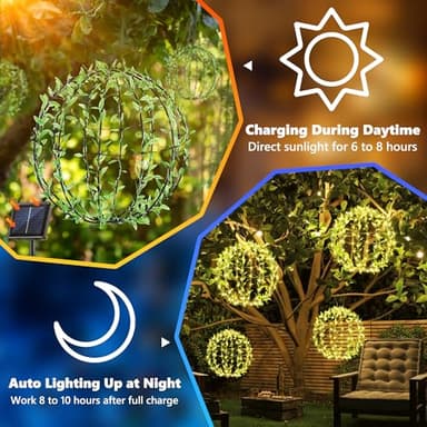 Solar Powered Hanging Iron Sphere Lights with Artificial Greenery – 12Inch 120 LED Waterproof Outdoor Decor Ball Light with Timer & 8 Modes – 2 Pack for Garden, Christmas, Weddings (Warm White) - Image 2