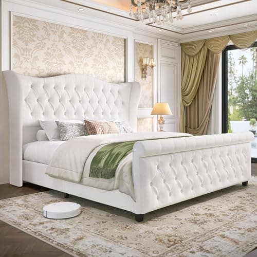 King Size Platform Bed Frame-Upholstered Bed Modern-Sleigh Bed with 51 inch Tall Headboard Footboard-Platform Chenille Bed Luxury-Button Tufted-Sturdy Wood Slats Support-Cream - Image 1