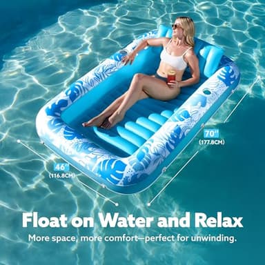 SLOOSH Inflatable Tanning Pool Lounger Float, 70" x 46" Pool Floats Adult with Pillow, 4 in 1 Suntan Tub Raft Floatie,Sunbathing Bed Lounge for Water Blow Up Kids Ball Pit Party Gifts, L-Blue - Image 2