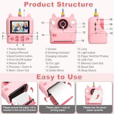 Instant Print Camera for Kids - Christmas Birthday Gift Toy for Girl Boy Age 3-9, Children Selfie Digital Cameras with Cartoon Soft Silicone Cover, Print Black White Photo with 32GB Card (Pink) - Image 7