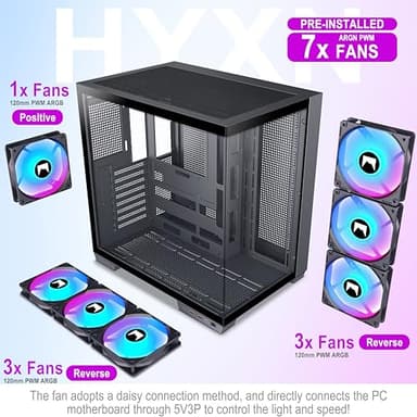 HYXN H1 HYXN ATX PC Case - Pre-Installed with 7 PWM ARGB Fans - Dual Cavity Mid-Tower PC Gaming Case - with Type-C - Can Hold up to 3X 360mm heatsinks simultaneously (Black, H1) - Image 3
