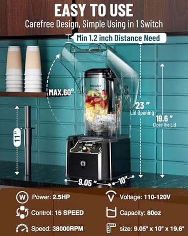 WantJoin Professional Commercial Blender With Shield Quiet Sound Enclosure 2200W Industries Strong and Quiet Professional-Grade Power, Self-Cleaning, Black - Image 6