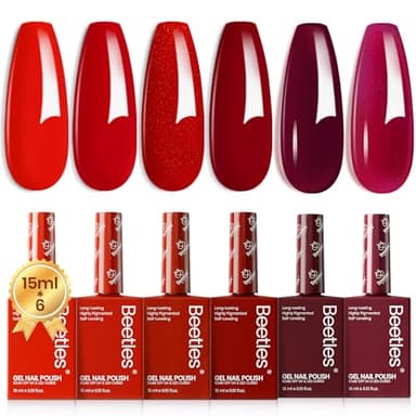 Beetles Red Gel Nail Polish Set-15ML 6 Colors Shimmer Bloody Red Burgundy Gel Polish Kit Soak Off UV Full Size Winter Nail Art Salon Design DIY Chirstmas Gift for Women Colorful Bottle - Image 9