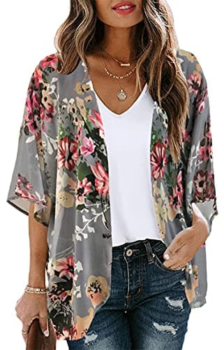 Women's Floral Print Puff Sleeve Kimono Cardigan Loose Cover Up Casual Blouse Tops (Dark Grey, S) - Image 1